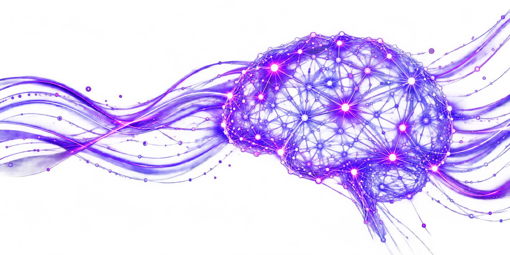 Cerebro violeta formado por neuronas luminosas y conexiones que fluyen entre sí